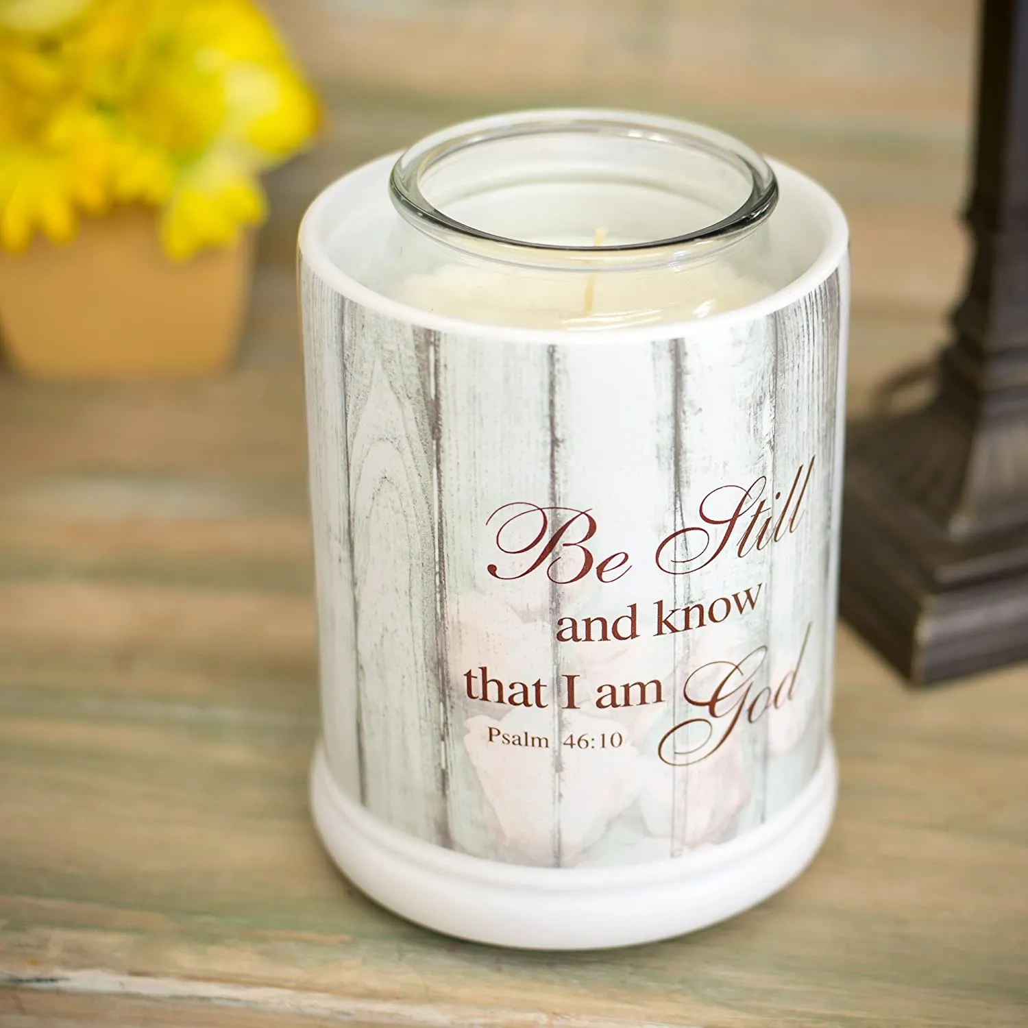 Be Still and Know Distressed Wood Design White Ceramic Stone Jar Warmer