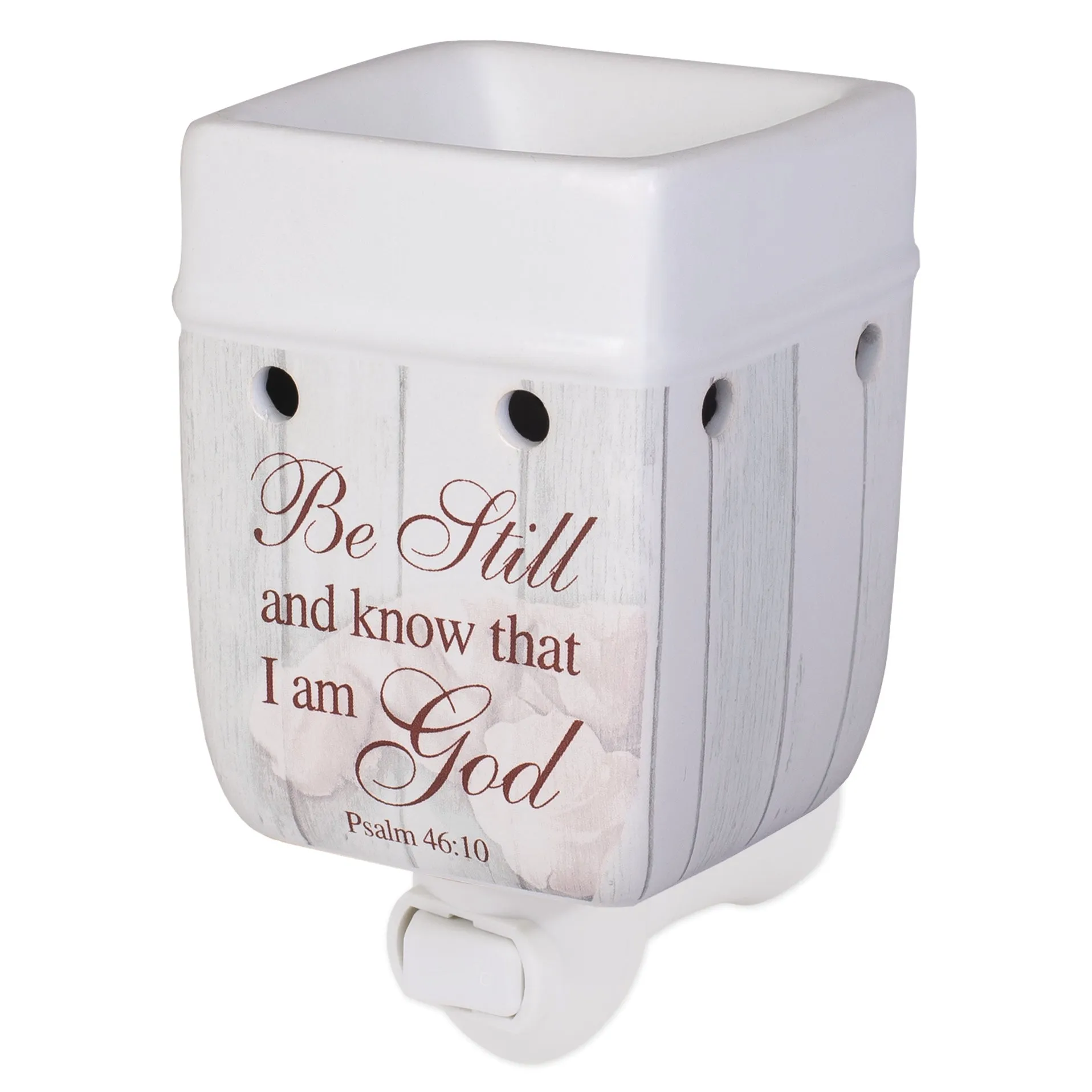 Be Still and Know Distressed Wood Design White Ceramic Stone Plug-in Warmer