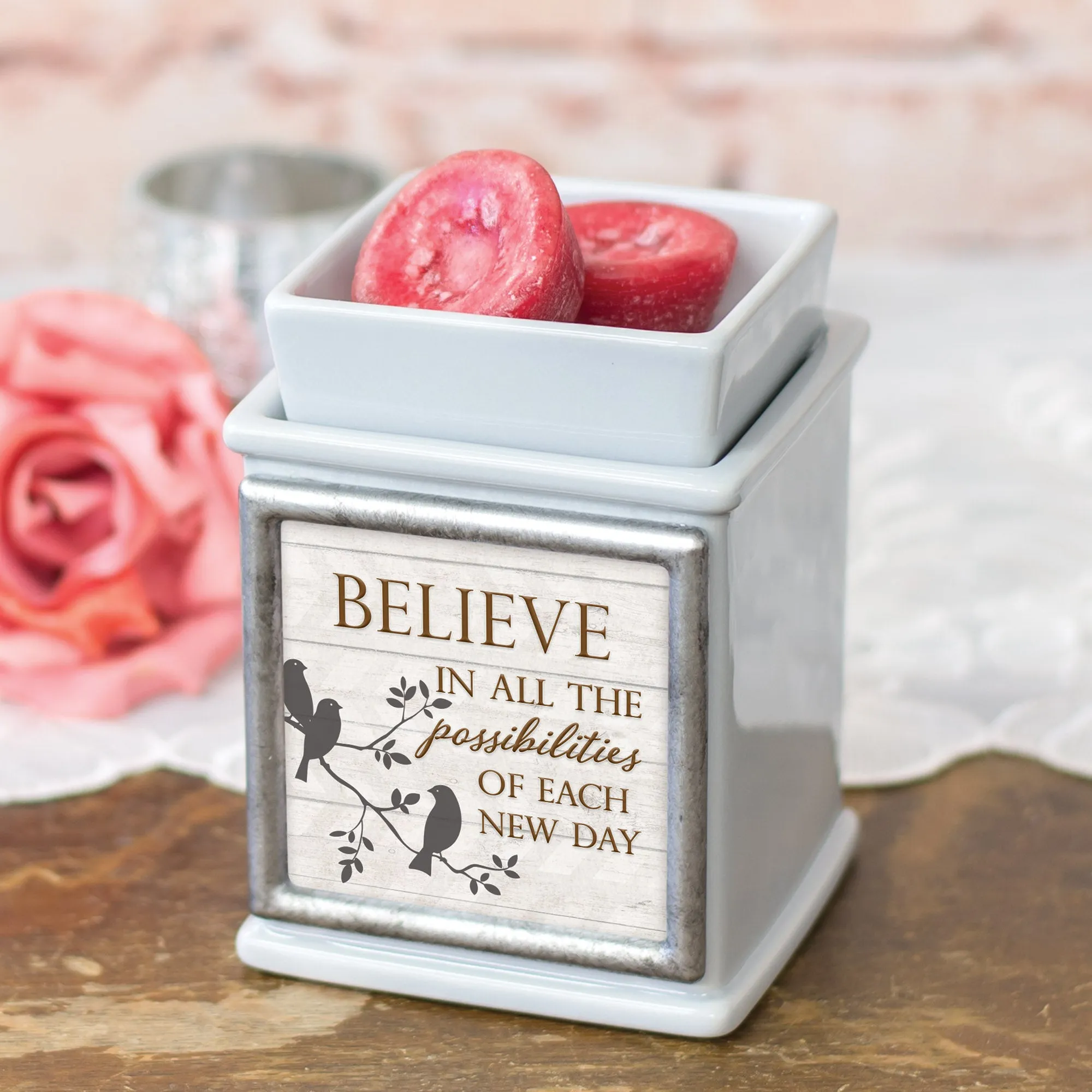 Believe In Possibilities Ceramic Slate Grey Interchangeable Photo Frame Candle Wax Oil Warmer