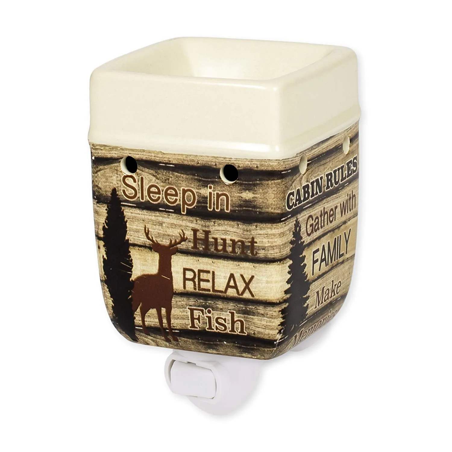 Cabin Rules Rustic Wood Outdoor Design Cream Ceramic Stone Plug-In Warmer