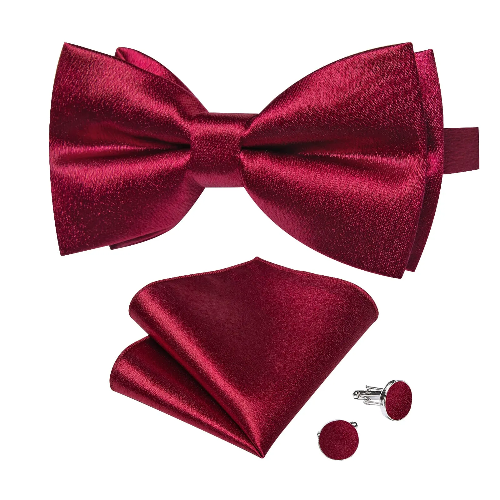 DiBanGu Silk Bow Tie Shining Burgundy Solid Mens Pre-Tied Bowtie Handkerchief Cufflinks Set