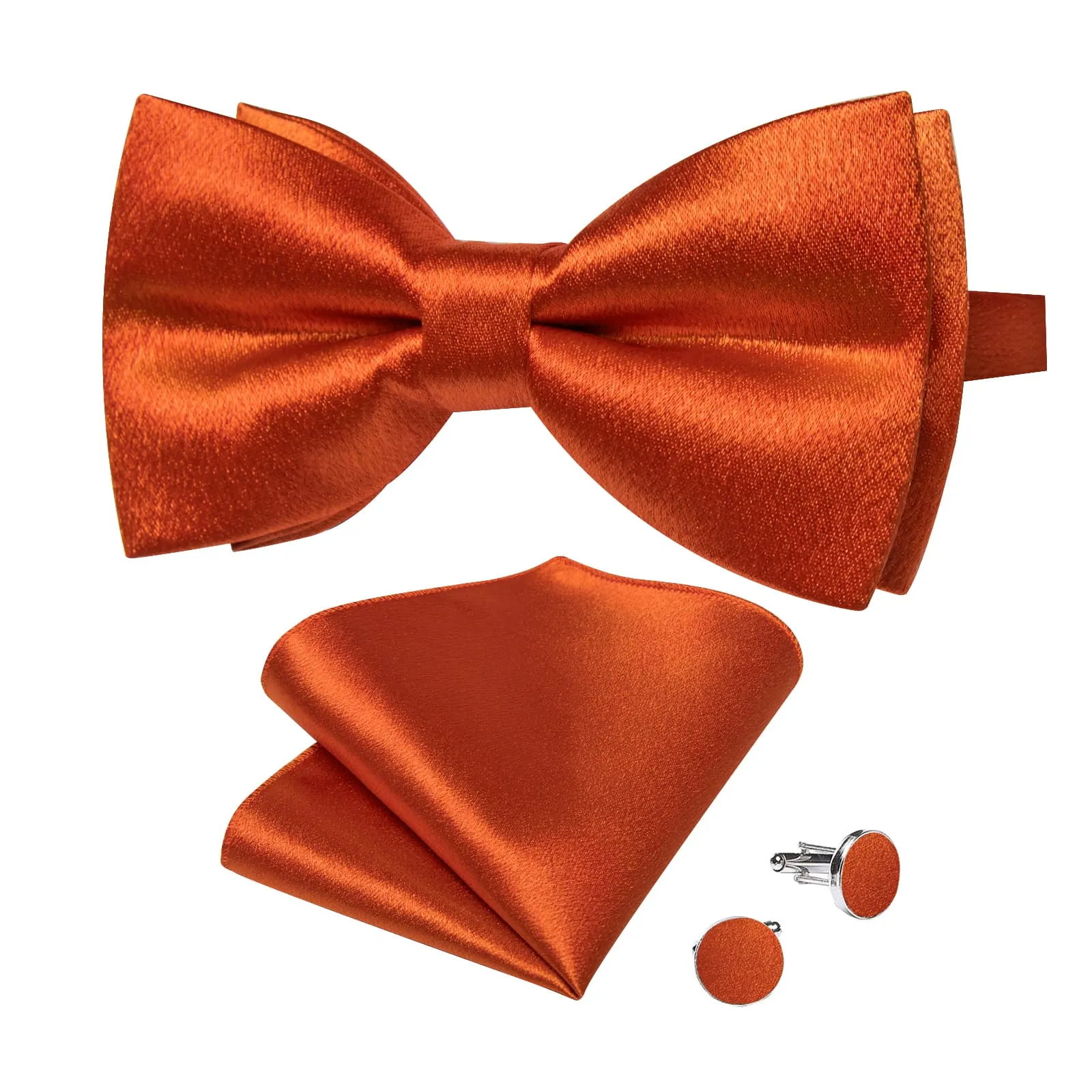 DiBanGu Silk Bow Tie Shining Fire Orange Solid Mens Pre-Tied Bowtie Handkerchief Cufflinks Set