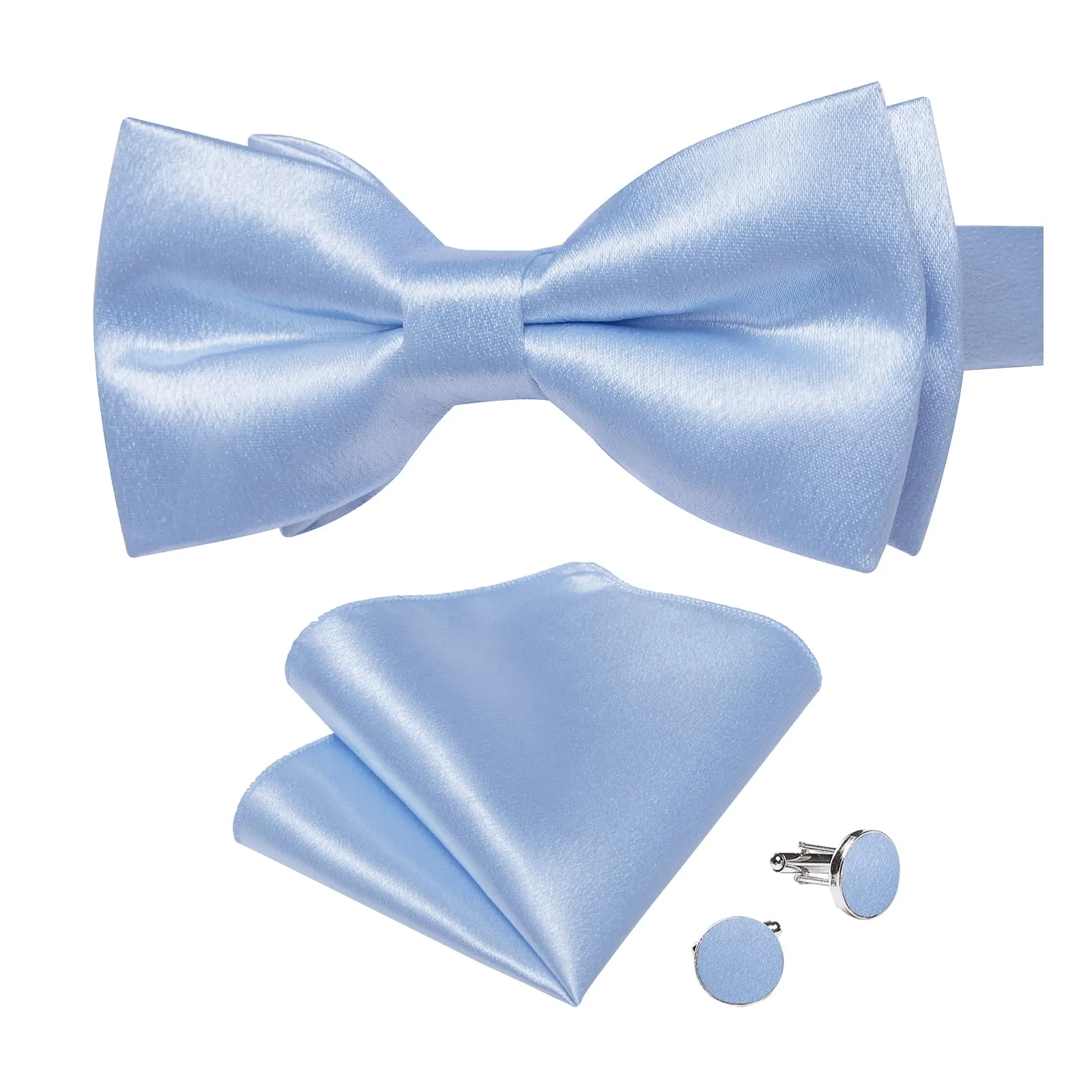 DiBanGu Silk Bow Tie Shining Sky Blue Solid Mens Pre-Tied Bowtie Pocket Square Cufflinks Set