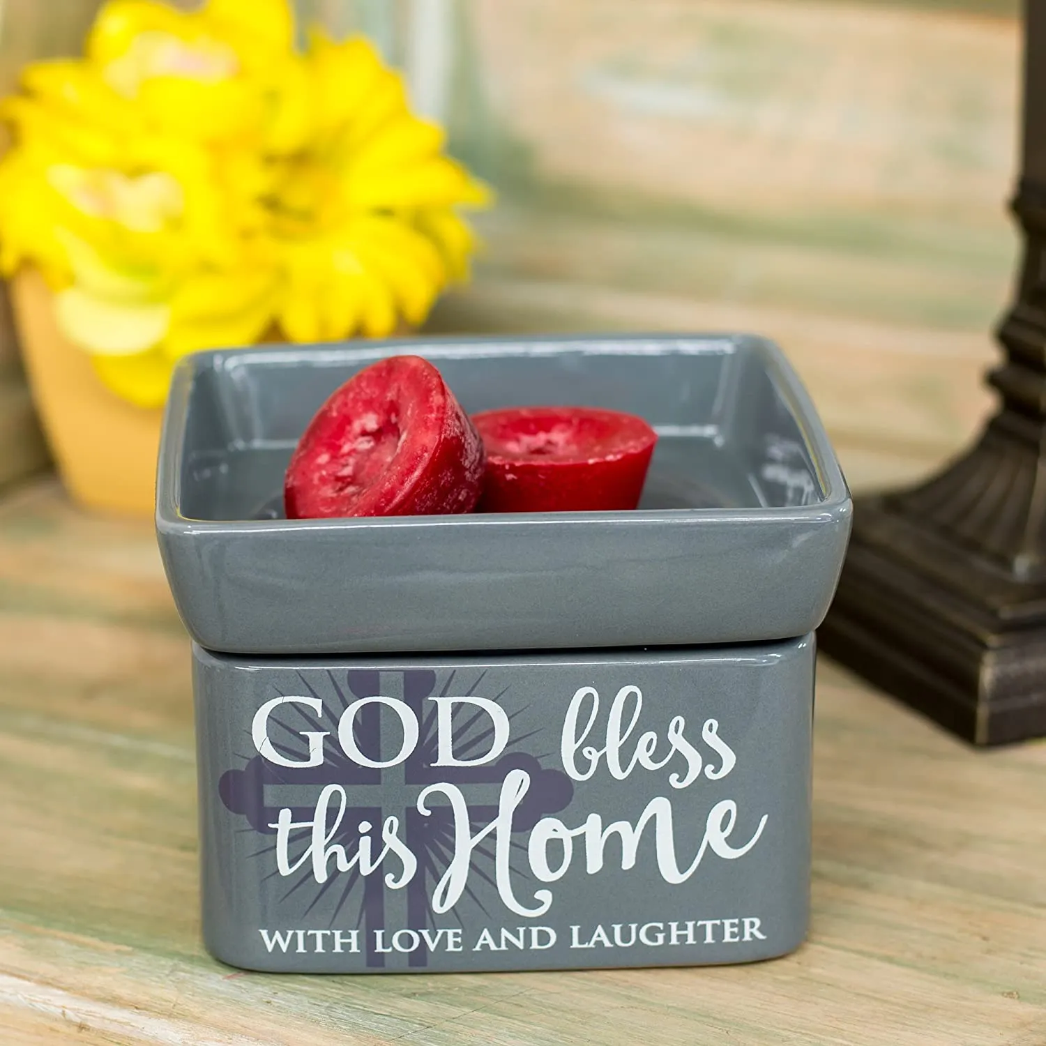 Elanze Designs God Bless This Home Love Grey Stoneware Electric 2-in-1 Jar Candle and Wax Tart Oil Warmer