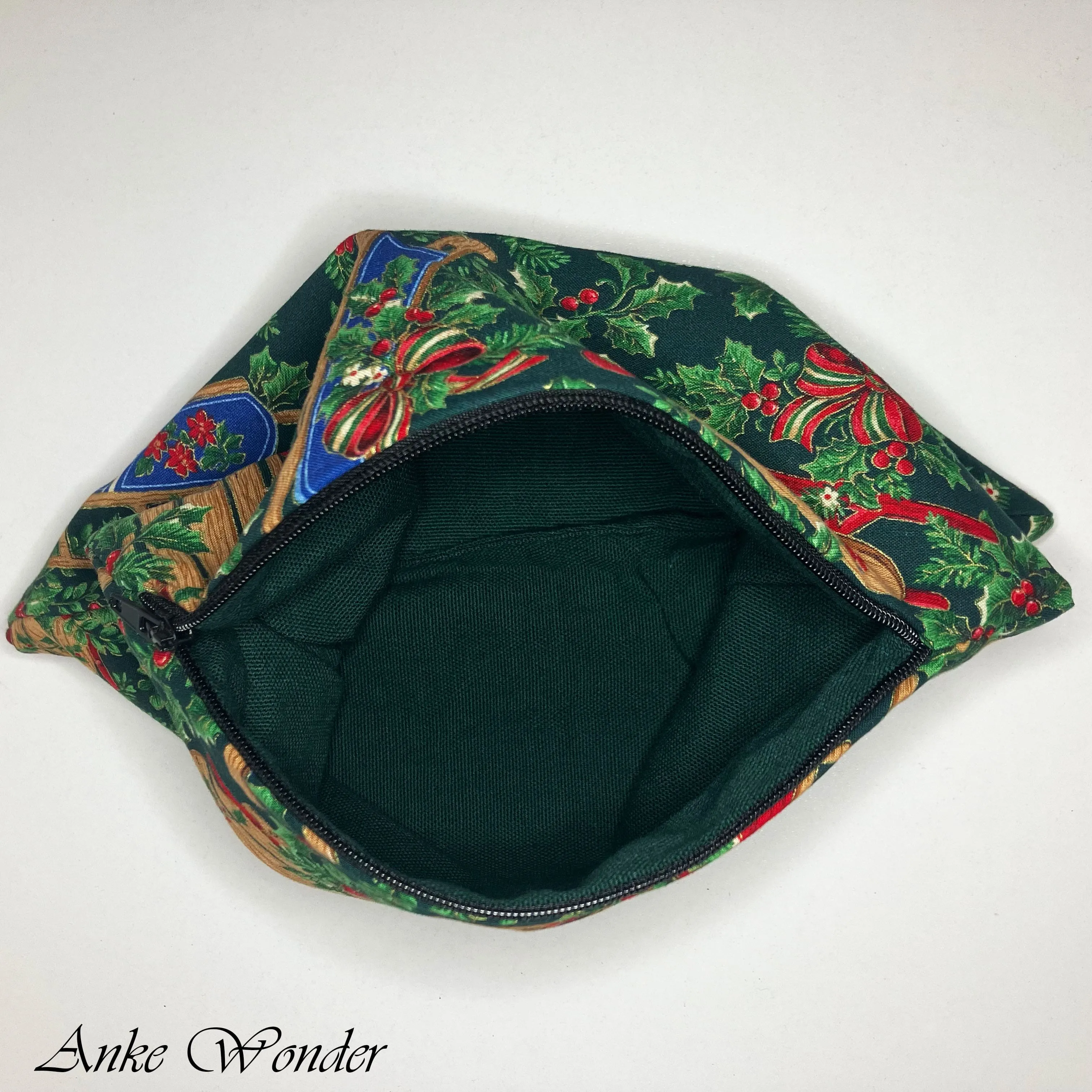 Handmade Christmas Zipper Pouch – Festive Sled & Greenery Design