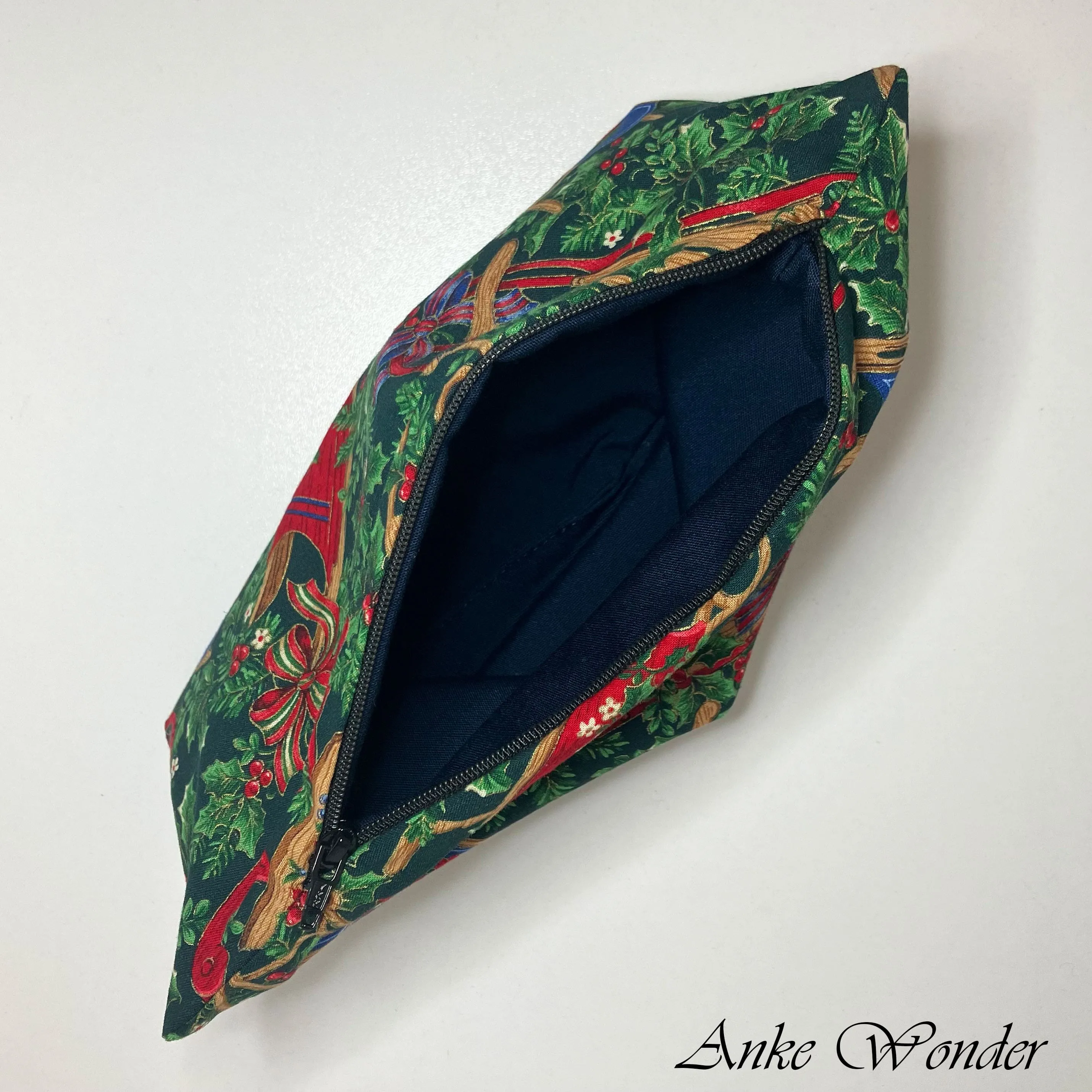 Handmade Christmas Zipper Pouch – Festive Sled & Greenery Design