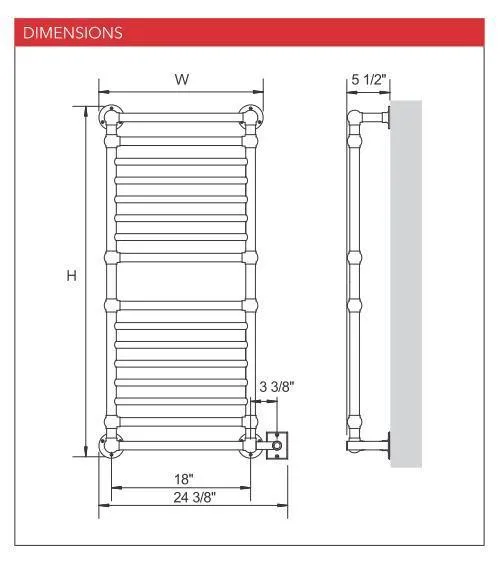 MYSON EUROPEAN TRADITION ULLSWATER EB36 Hardwired Towel Warmer - 22"w x 53"h