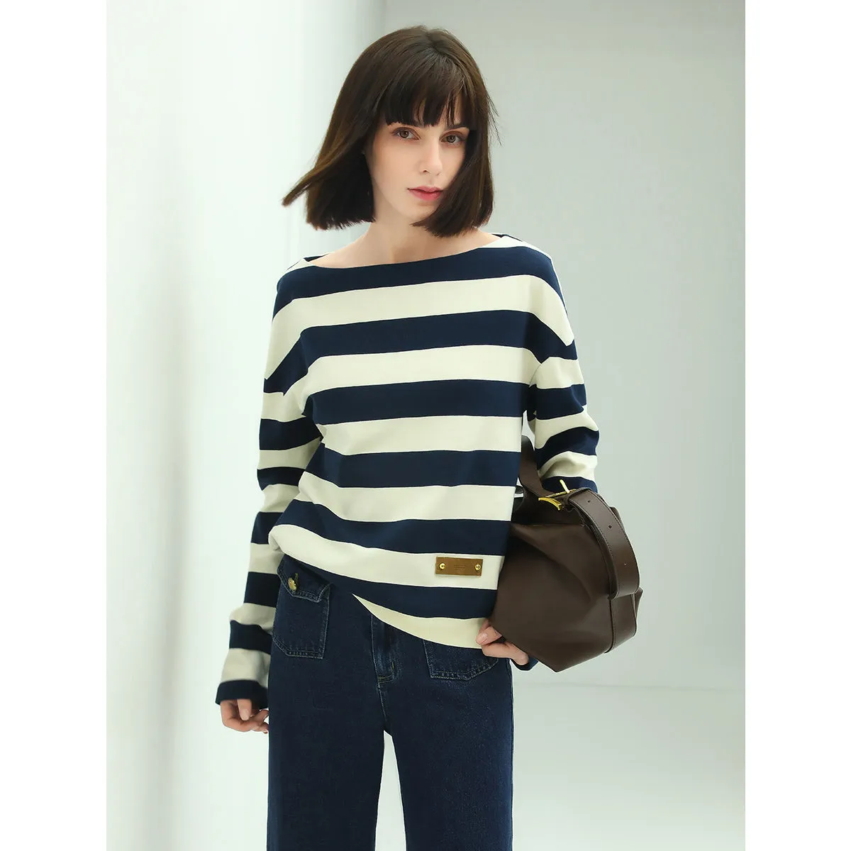 Nautical Boat Neck Long Sleeved Striped Knitted Tee