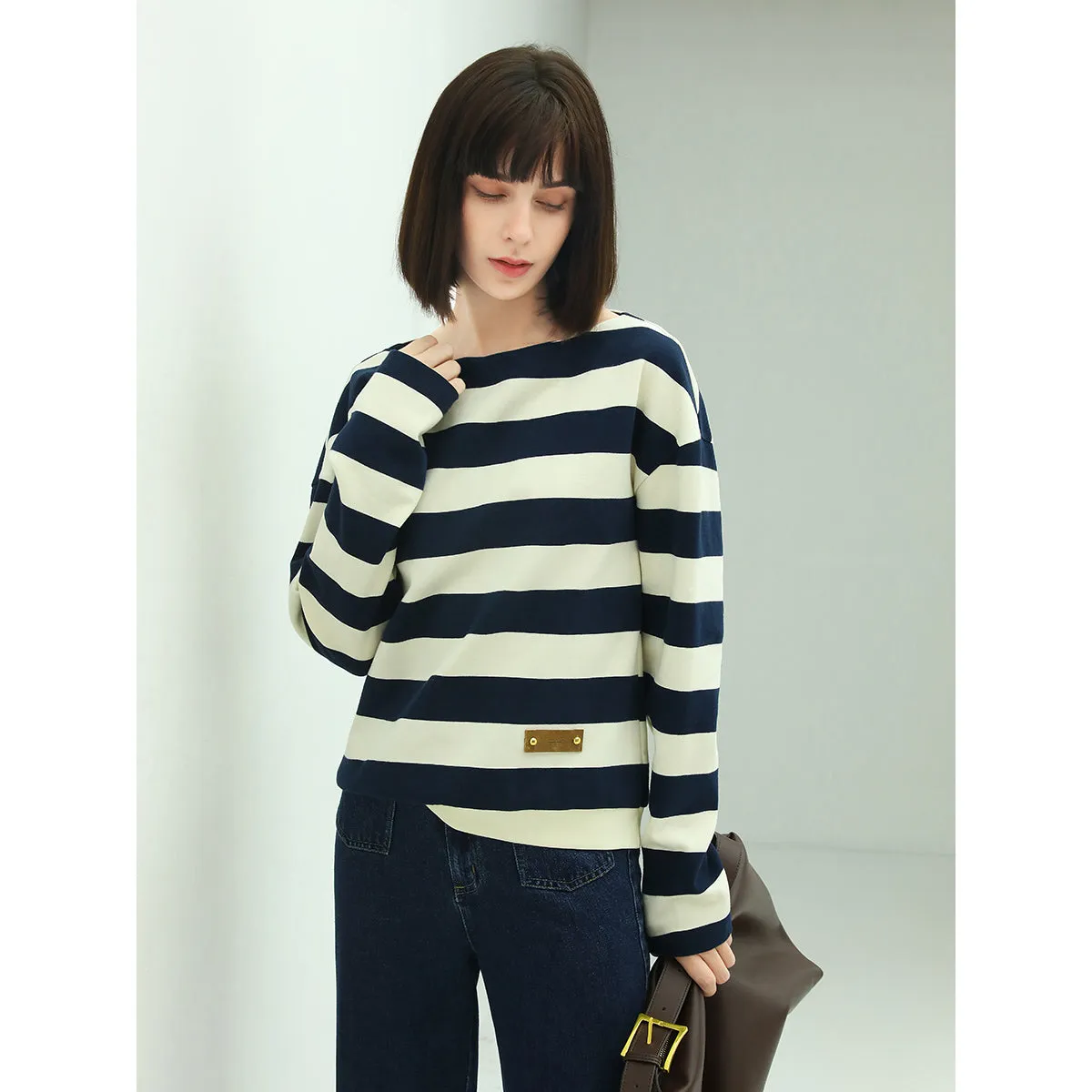 Nautical Boat Neck Long Sleeved Striped Knitted Tee