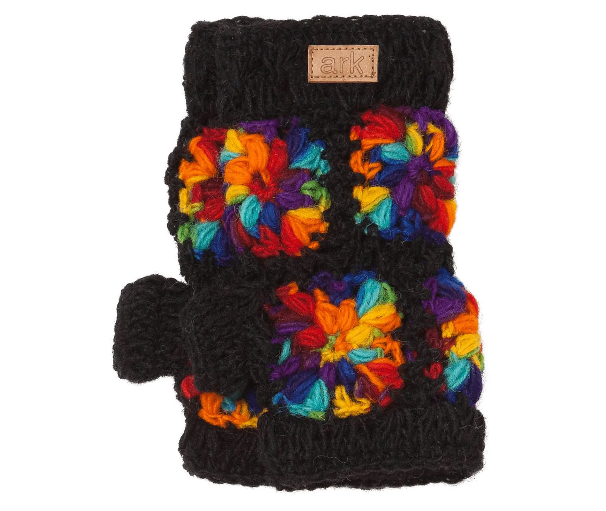 Rainbow Black Wool Hand Warmer, Chunky Knit Mittens, Fleece Lined, Psychedelic Fingerless Glove