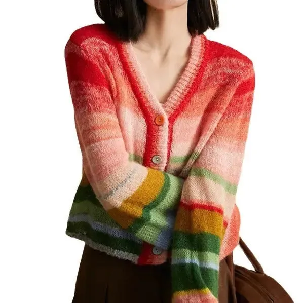 Rainbow Striped Sweater Women's V-neck Top