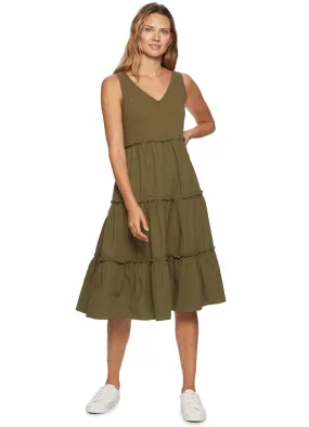 Rosedale Mixed Media Poplin Tiered Midi Dress in Olive by Flag and Anthem