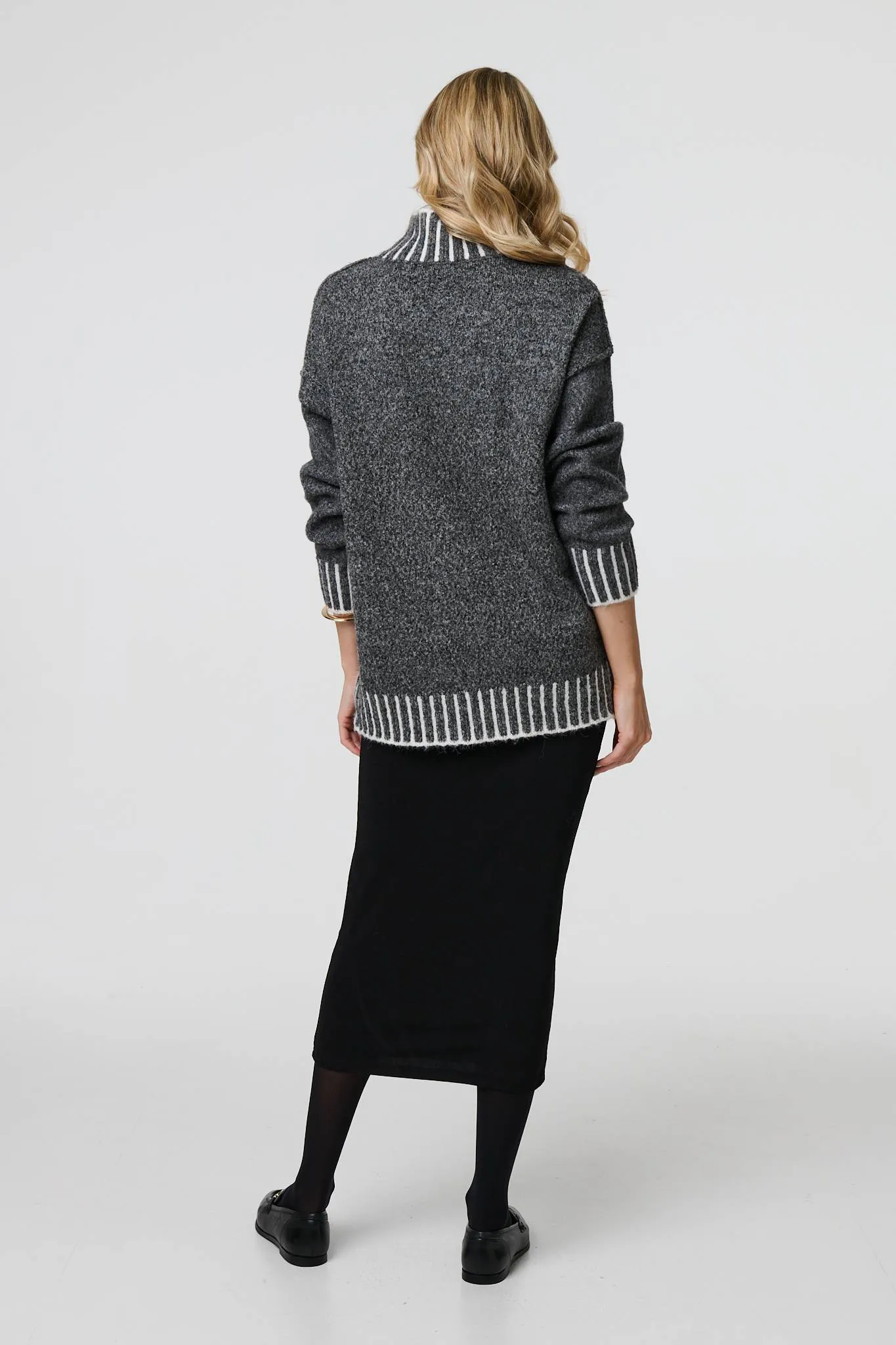 Stripe Trim High Neck Oversized Jumper