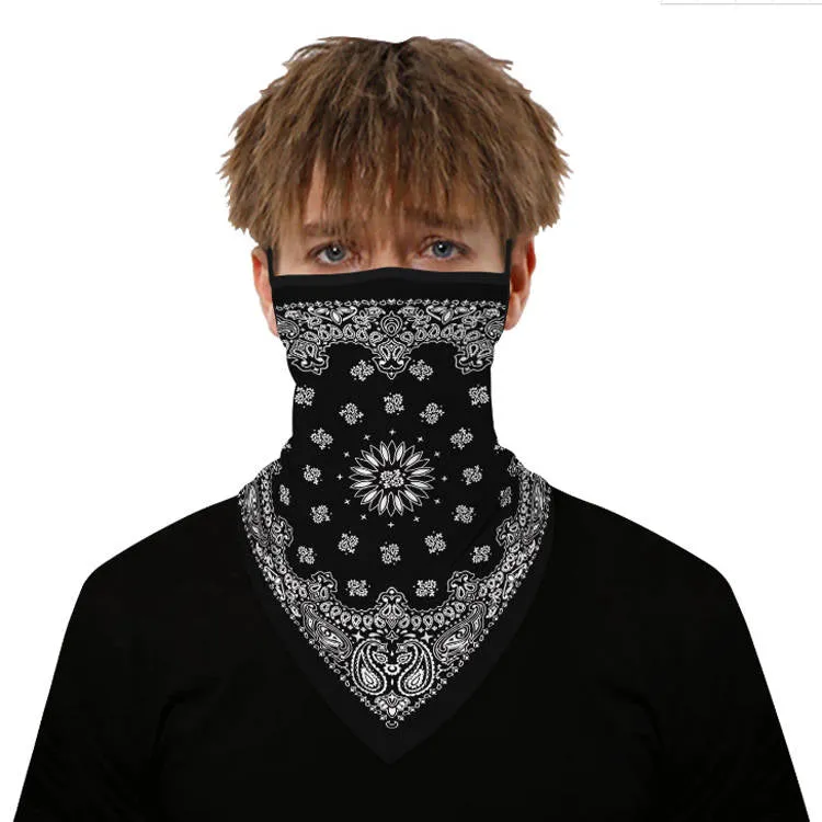 Unisex Face Scarf Bandana with Ear Loops Black Western Bandana