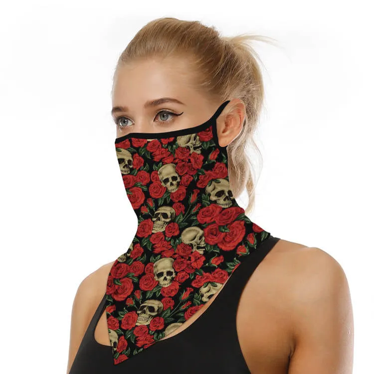 Unisex Face Scarf Bandana with Ear Loops Skulls and Roses