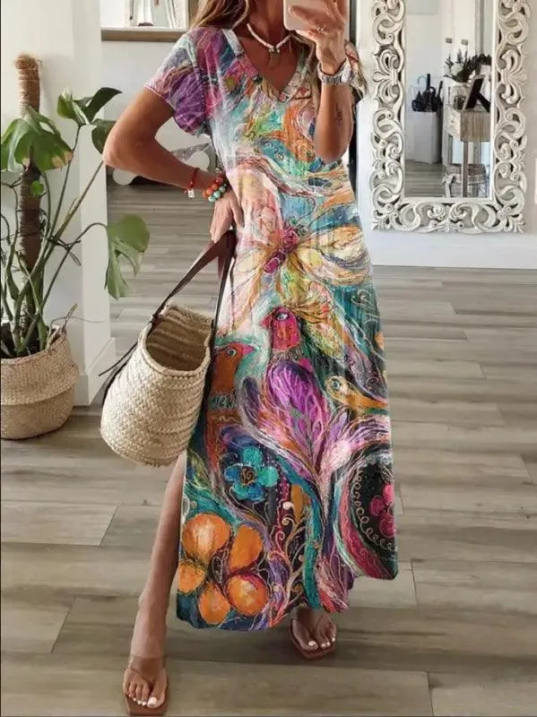 Women’s V-neck Short Sleeve Multi-color Printing Dress