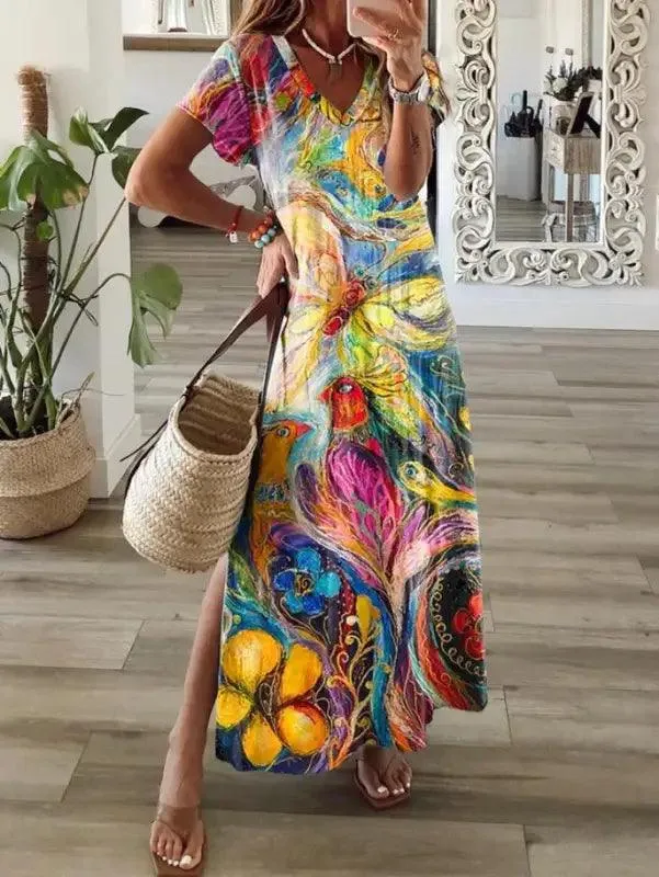 Women’s V-neck Short Sleeve Multi-color Printing Dress